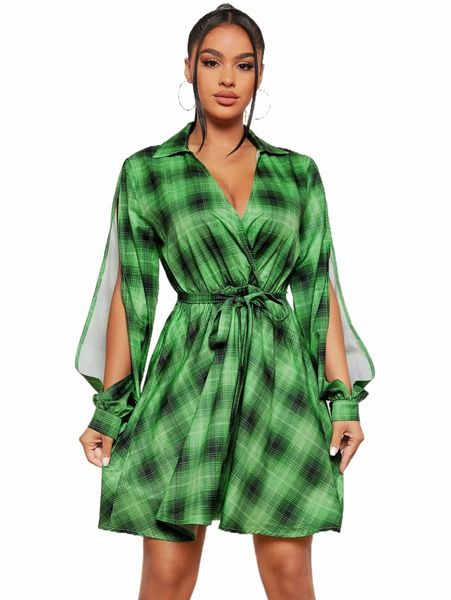 

casual dresses sxy plaid print split sleeve belted dress e9l9#, Black;gray