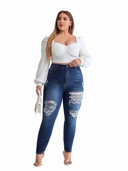 

women's jeans plus high waist ripped moustache effect skinny jeans f4ic#, Blue