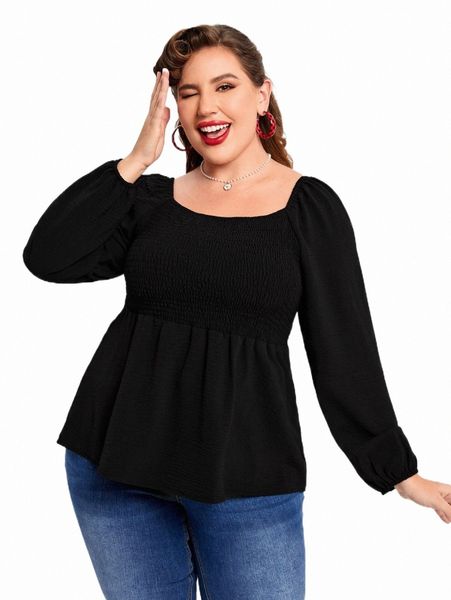 

plus size t-shirt plus square neck shirred peplum blouse 54fx#, Black