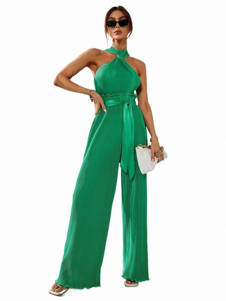 

two piece dress twist front halter & paper bag waist wide leg pants 06ol#, White