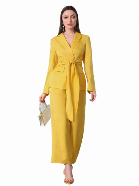 

two piece dress solid knot front blazer & wide leg pants o4n4#, White