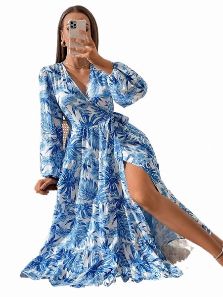 

casual dresses tropical print lantern sleeve ruffle hem dress h0ys#, Black;gray
