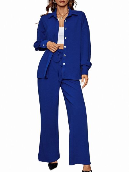 

two piece dress solid button front shirt & wide leg pants i8cs#, White