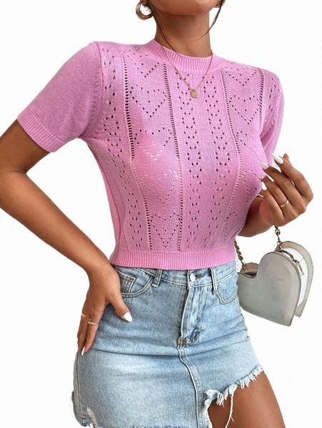 

women's sweaters solid pointelle knit without bra c0xi#, White;black