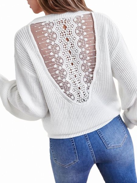 

women's sweaters contrast guipure lace drop shoulder sweater m7ri#, White;black