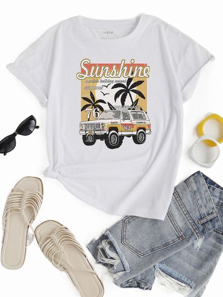 

women's t-shirt car and letter graphic tee 2022 new l6w9#, White