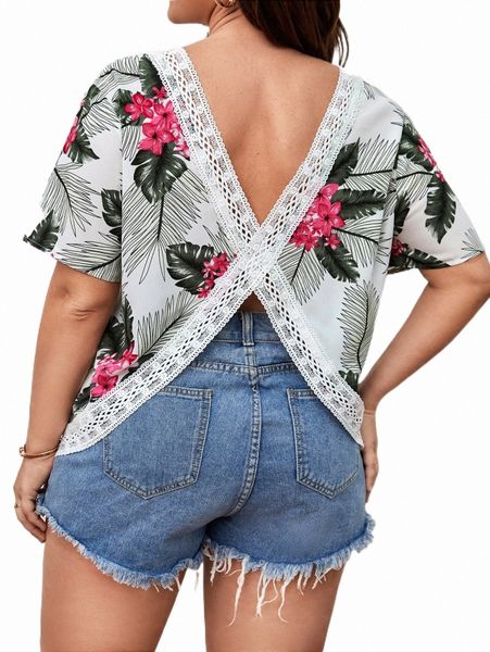 

plus size t-shirt plus guipure lace insert backless tropical print blouse q1tr#, Black