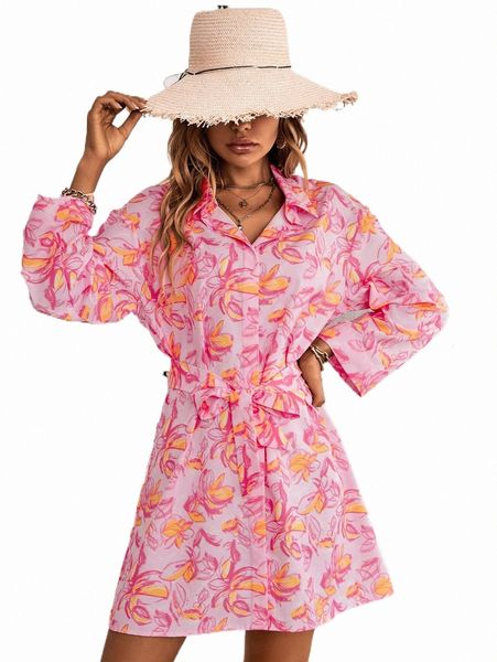 

casual dresses floral print drop shoulder belted shirt dress y3z5#, Black;gray