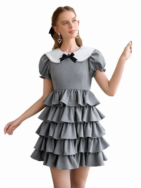 

casual dresses mod bow front contrast collar puff sleeve dress n8pp#, Black;gray