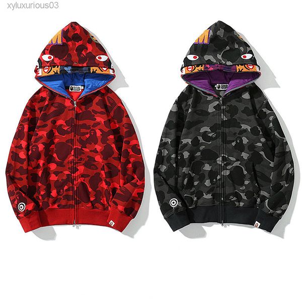 

hoodie luxury autumn and winter apes fashion shark stitched laminated hat pocket double men women zipper hooded cardigan sweater, Black