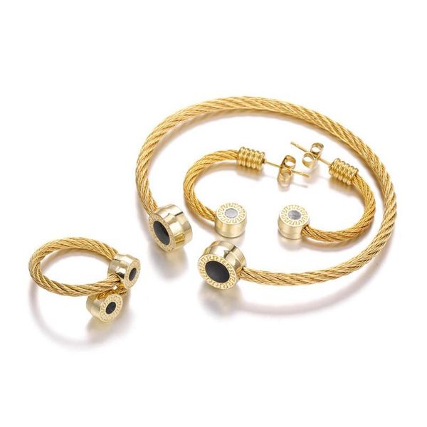 

luxury 3pcs set open bangle men bracelet cuff stainless steel titanium ring earring sets gold color jewelry for charm bracelets176v, Golden;silver