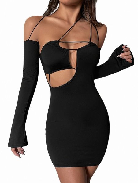 

casual dresses asymmetrical neck cut out bodycon dress d9pp#, Black;gray