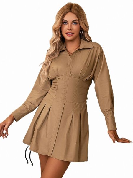

casual dresses cut out lace up waist pleated hem shirt dress k54e#, Black;gray