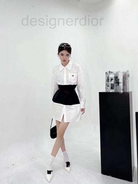 

casual dresses designer pd22 early autumn new fashion contrast stitched shirt dress high waist design pocket triangle xe7e, Black;gray