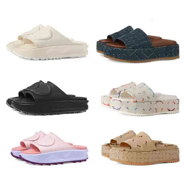 

slippers slide sandal women beach slides home italy designer platform fashion embroidered canvas thick sole slipper brand 35-45, Black