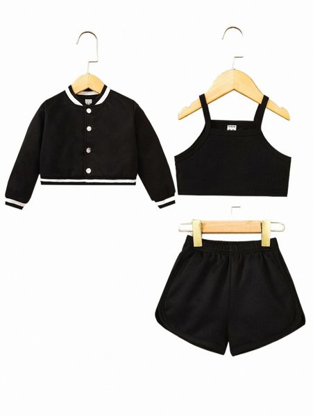 

others apparel toddler girls crop cami & shorts & bomber jacket g8e9#, Black;white
