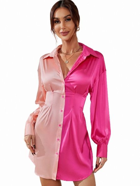 

casual dresses two tone drop shoulder satin shirt dress 75ca#, Black;gray