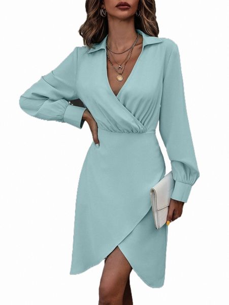 

casual dresses surplice neck wrap hem dress 2022 new 25mi#, Black;gray