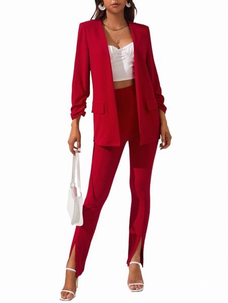 

two piece dress tall ruched cuff open front blazer & split hem pants g4ow#, White