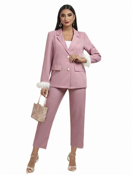 

two piece dress modely fuzzy cuff single breasted blazer & pants k4bh#, White