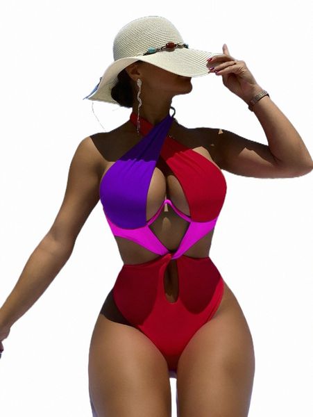 

women's swimwear colorblock cut out underwire halter one piece swimsuit 76i3#, White;black