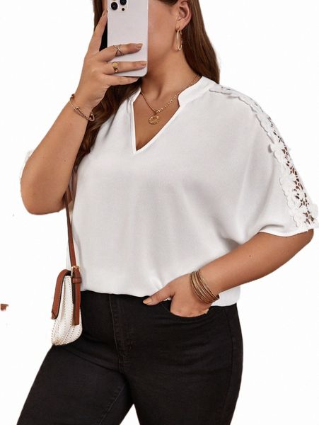 

plus size t-shirt plus guipure lace insert notched neck blouse x0bl#, Black