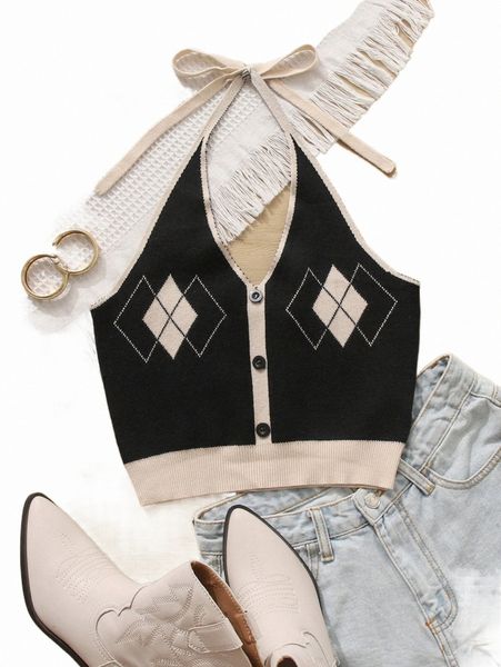 

women's sweaters argyle pattern tie back halter knit m6h1#, White;black