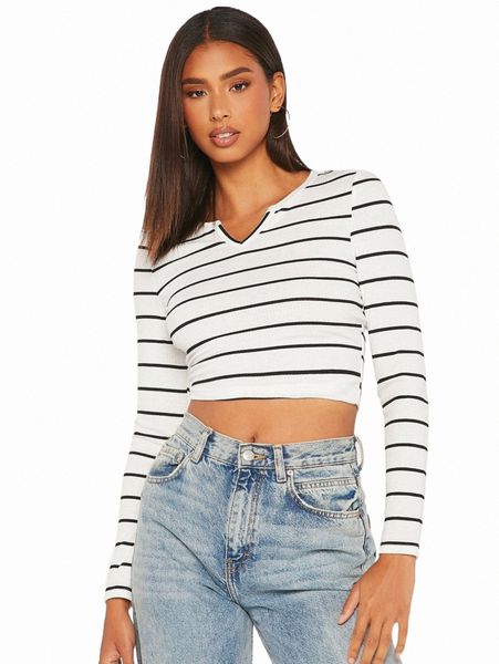 

women's t-shirt tall striped notched neck crop tee q9tt#, White