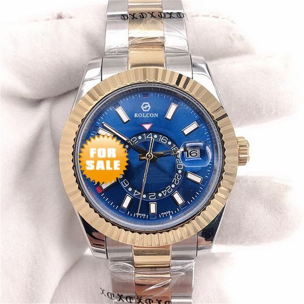 

mens watch 326933 41mm automatic movement mechanical two tone stainless steel ring command blue dial sapphire glass wristwatch, Slivery;brown