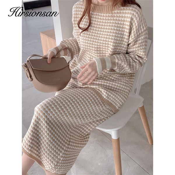 

two piece dress hirsionsan elegant knitted suits women soft female sets 2 pieces slim fit skirt loose houndstooth sweater ourfits pullovers, White