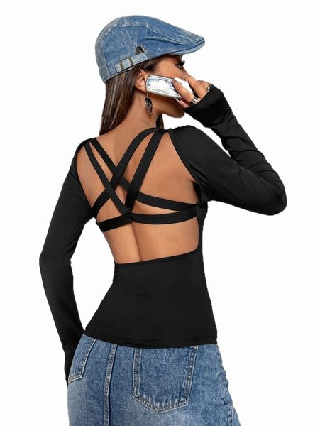 

women's t-shirt solid criss cross backless tee g2zl#, White