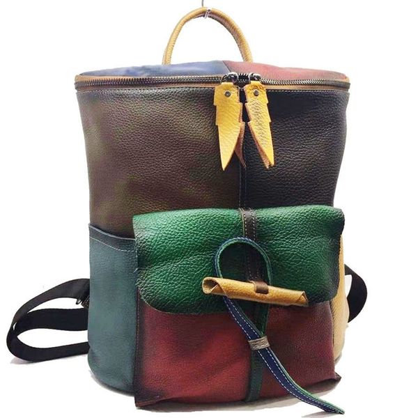 

lady bags retro handmade ccontrast wipe color backpack tote bag travel handbag genuine leather splicing woman cowhide double shoulder pack