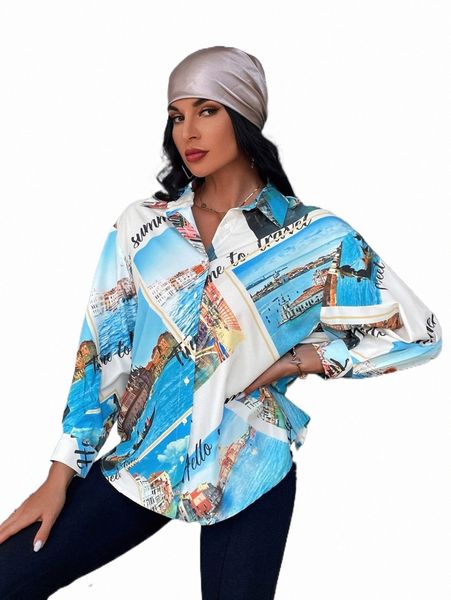 

women's blouses & shirts buildings and slogan graphic button up shirt j2qh#, White