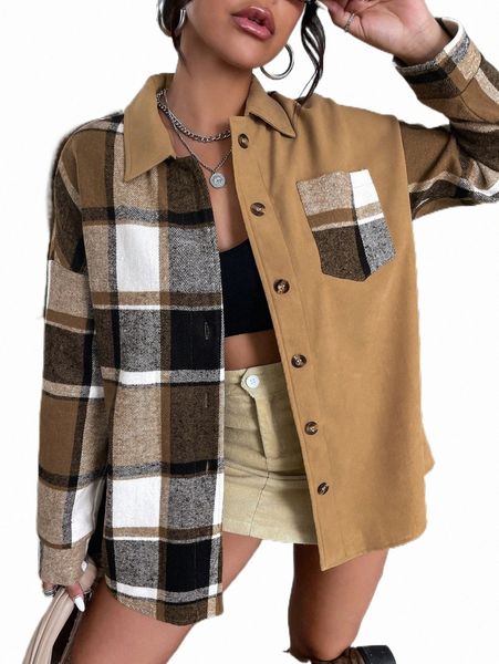 

women's down & parkas plaid patched pocket drop shoulder coat t4bh#, Black