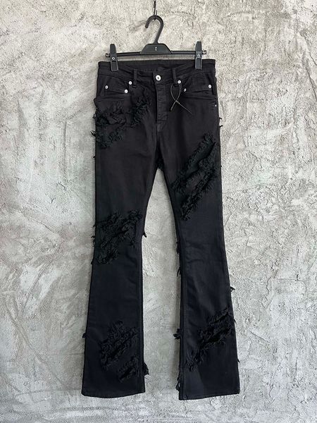 

new mens flare leg jeans designer style doublelayer ragged version pants, Blue
