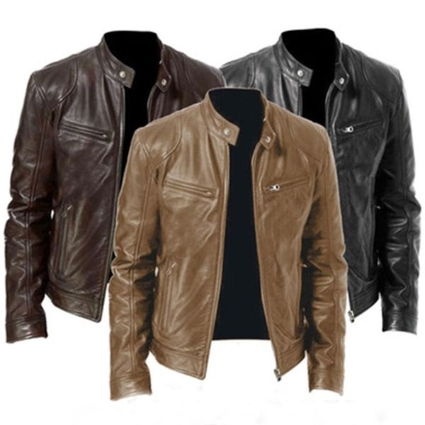 

men's leather faux leather motorcycle jacket mens slim fit short-coat collar pu jackets winter autumn zipper stand windproof leather co, Black