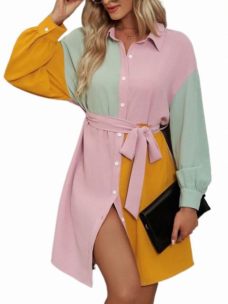 

casual dresses drop shoulder colorblock belted shirt dress h86x#, Black;gray
