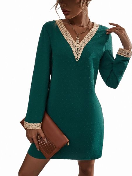 

casual dresses swiss dot contrast guipure lace v neck dress 13i2#, Black;gray