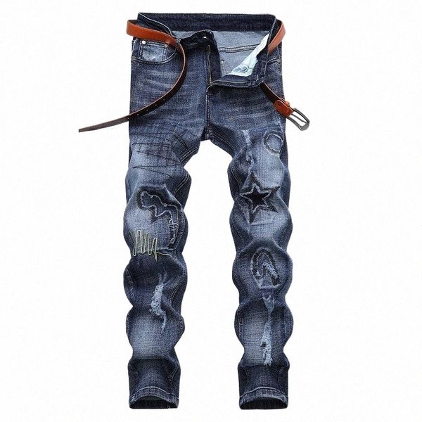 

men's jeans men's jeans men straight distressed slim fit stoash scratched casual cotton denim pants male trousers hombre homme clo, Blue