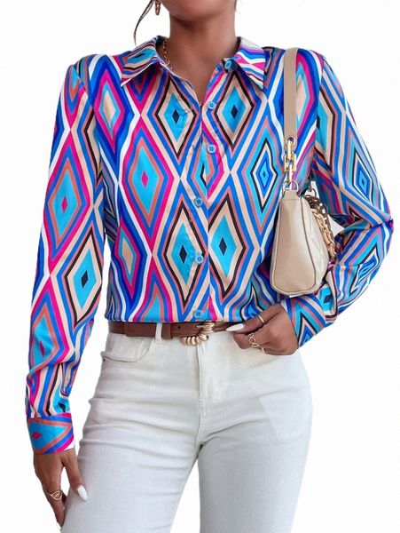

women's blouses & shirts geo print button front shirt 23r4#, White
