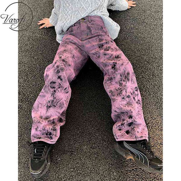 

women's jeans varofi high street tie dyed jeans women autumn fashion high waist large size loose straight tube wide leg pants pink t220, Blue