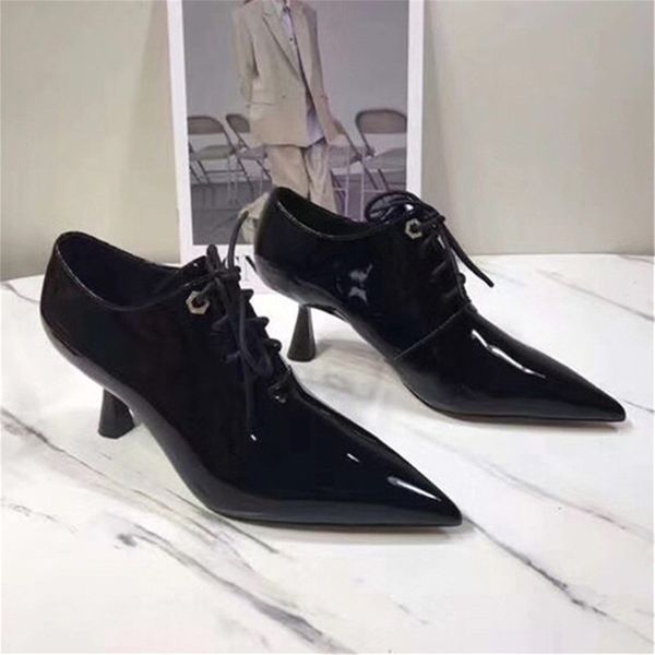 

ladies ankle boots small pointed toe low lace up high heel boot shiny leather fashion boots size 34-39, Black