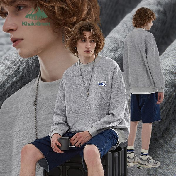 

green series hoodies round neck sweater snow mountain loose top, Black