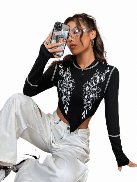 

women's t-shirt floral print button front asymmetrical hem tee g7eh#, White