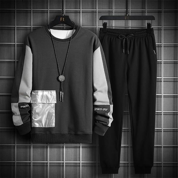 

mens tracksuits autumn mens casual sets round neck pullovers and pants two peice set fashion patchwork sleeve mens fitness sports suit 22090, Gray