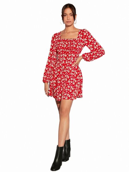 

casual dresses square neck floral print lantern sleeve dress x6sk#, Black;gray