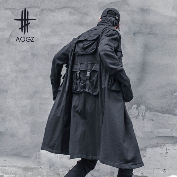 

men's trench coats aogz autumn multi-pocket zipper cargo jacket mens tactical jacket hip hop streetwear loose long outwear windbreaker, Tan;black