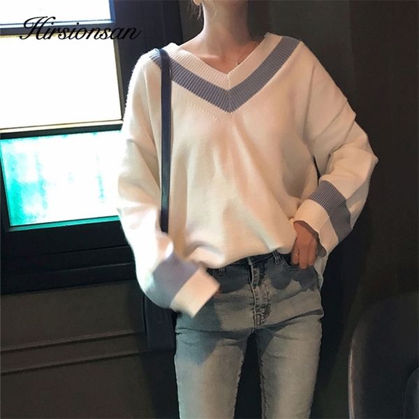 

womens sweaters hirsionsan sweater women vneck lazy autumn winter knitted stripe patchwork pullovers soft loose jumper black clothing 220906, White;black