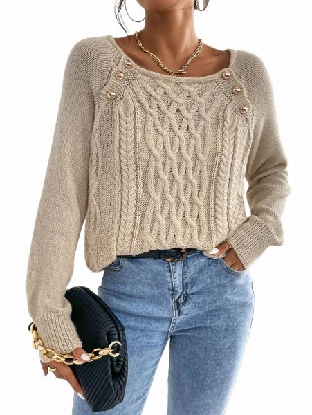 

women's sweaters cable knit raglan sleeve button detail sweater 60yl#, White;black