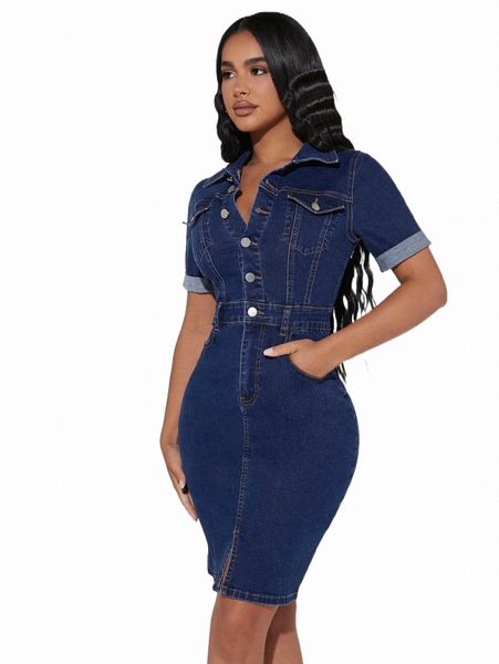 

casual dresses petite roll cuff button front split hem denim dress s6aa#, Black;gray